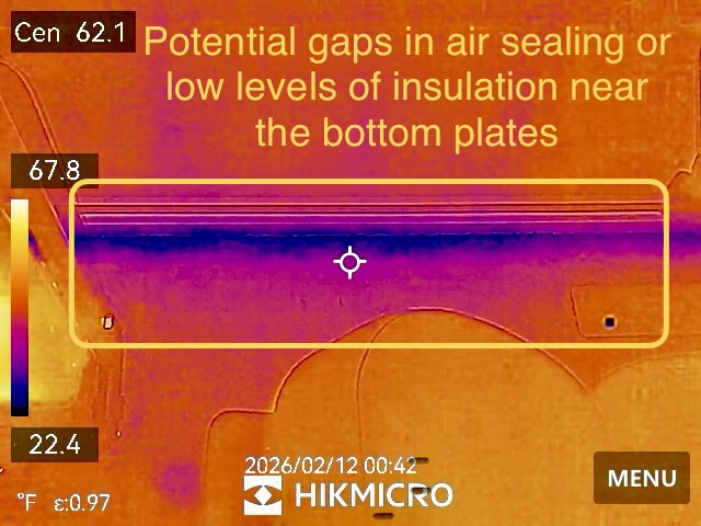 Infrared thermal scan showing potential air sealing gaps and low insulation near bottom plates